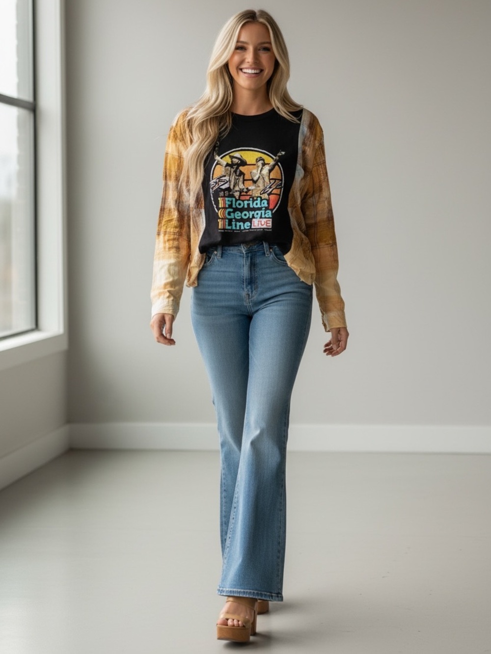 FLORIDA GEORGIA LINE Reworked Band Tee Flannel Upcycled Festival Top OOAK - Picture 3 of 10